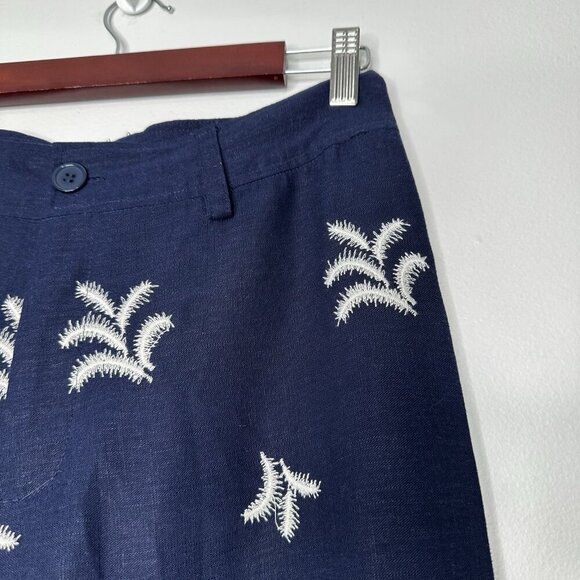 Elie Tahari Wide Leg Pants Size 6 Navy Blue Palm Embroidered Linen - Picture 2 of 11